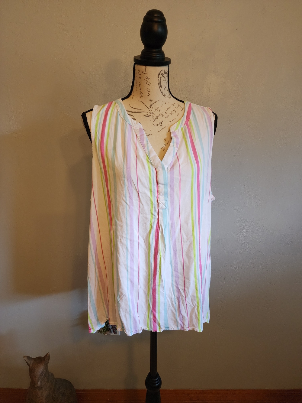 Crown & Ivy White Sleeveless V-Neck Tank with Pastel Stripes